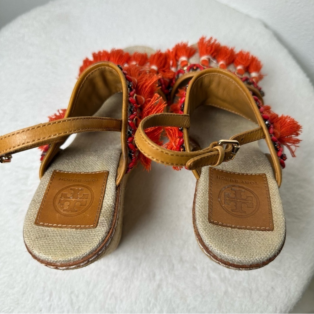 Tory Burch Women's 7M Vibrant Orange and Tan Espadrille Wedges Sandals Boho - Picture 8 of 15